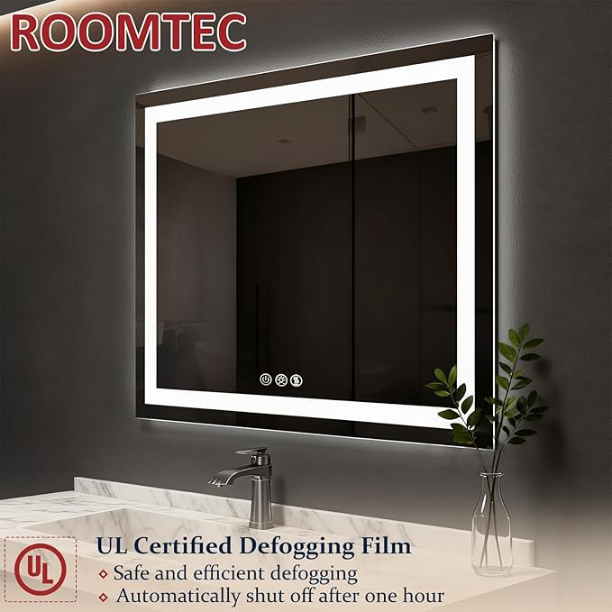 ROOMTEC 77 x 36 Inches LED Bathroom Mirror with Lights, Vanity Mirror with Front and Backlight, Smart Dimmable Anti-Fog LED Mirror for Bathroom, Memory Function, Tempered Glass (Horizontal)