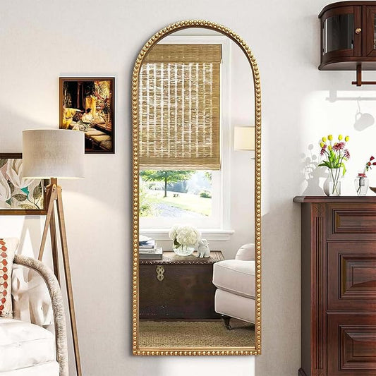 Gold Arched Full Length Mirror，Standing Floor Full Body Mirror with Beaded Frame Hanging or Leaning Wall 53"X20" Full Length Wall Mounted Mirror for Dressing Room Bedroom Entryway