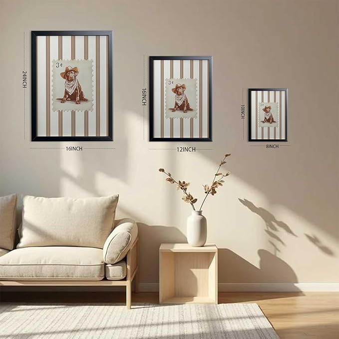 Vintage Cowboy Dog Wall Art, Western Puppy Stamp Canvas Print, Farm Rustic Country Animal Wall Decor, Southwestern Poster Oil Painting for Living Room Bedroom Nursery Office 16x24 Inch Framed