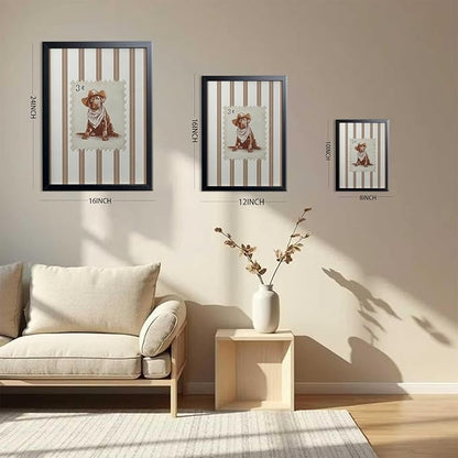 Vintage Cowboy Dog Wall Art, Western Puppy Stamp Canvas Print, Farm Rustic Country Animal Wall Decor, Southwestern Poster Oil Painting for Living Room Bedroom Nursery Office 8x10 Inch Framed