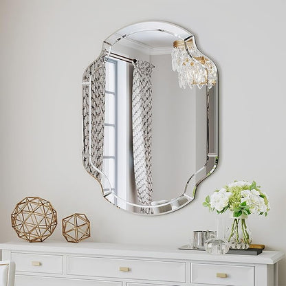 Large Mirror for Wall Decor, 40"x28" Decorative Living Room Mirrors with Scalloped Corner, Beveled Bathroom Mmirror for Entryway, Dining Room, Mantel, Hang Horizontally or Vertically