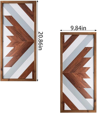 2Pcs Aztec Wood Wall Decor Southwest Nursery Kitchen Boho Cyan Black Wall Art Modern Vintage Geometric Farmhouse Rectangle Framed Hanging Signs Living Room Bathroom Decor