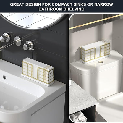 Wican Marble Vertical Stance Bathroom Napkin Holder Takes Up Less Space for Small Guest Bathroom Towel Tray for Powder Room Table Wooden Basket for Disposable Paper Hand Towels Gold and Marble White