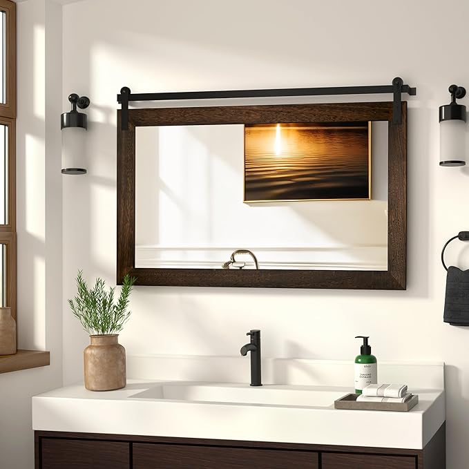 COGOOD Bathroom Mirrors for Over Sink - 41 x 26 Farmhouse Barn Door Wall Mirror for Bathroom, Living Room, Entryway Wall Decor Black Brown
