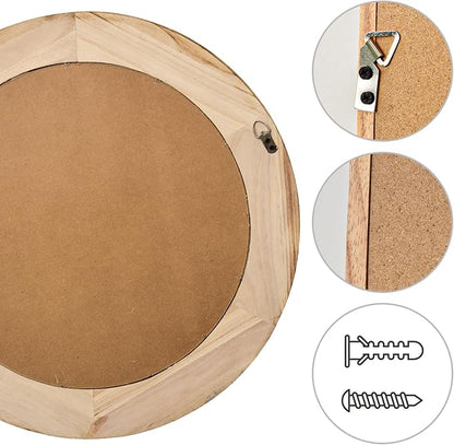 sawsile Round Wood Mirror 24" Natural Circle Wooden Nursery Farmhouse Rustic Decorative Large Wall Mirror for Bathroom,Living Room, Fireplace,Hallway