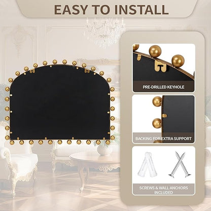 36"x28" Wide Arched Wall Mirror, Antique Gold Ball Frame with Beveled Glass, Large Horizontal Mantel Piece Over Fireplace or Above Sofa, Statement Metal Frame for Living Room