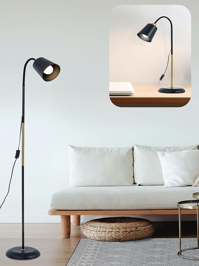 Short Floor Lamp, Reading Lamps Floor Standing with Adjustable Bendable, 2 in 1 Reading Table Lamps for Living Room Bedroom Office, 12W Bulb Included (Black)