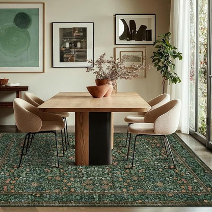 Rugxara 4x6 Area Rugs for Living Room Bedroom, Large Washable Rug, Green Vintage Floral Boho Rug, Non Slip & Low Pile Wool Accent Carpet for Indoor Dining Room, Kids Room and Office(Green 4x6ft)