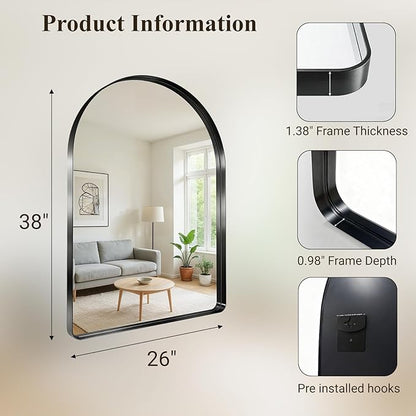 Arched Bathroom Mirror, 26"x38" Black Mirror for Wall Mounted Vanity Mirror for Over Sink with Tempered Glass, Aluminum Alloy Deep Frame, Farmhouse for Bedroom, Entryway, Living Room