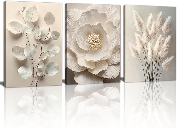3Pcs Beige Floral Botanical Frame Canvas Wall Art, Neutral Textured Flower Plant Wall Painting Picture Wall Decor Vintage Blossom Posters Prints for Bedroom Living Room Reay to Hang 12"x16"x3Pcs