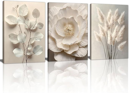 3Pcs Beige Floral Botanical Frame Canvas Wall Art, Neutral Textured Flower Plant Wall Painting Picture Wall Decor Vintage Blossom Posters Prints for Bedroom Living Room Reay to Hang 12"x16"x3Pcs