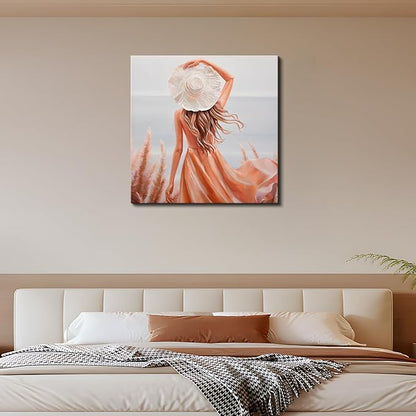 Poemwish Canvas Wall Art, Wall Art for Living Room, Woman in Pink Dress at Beach Bathroom Decor, White Hat Ocean View Scene, Coastal Decor with Reeds