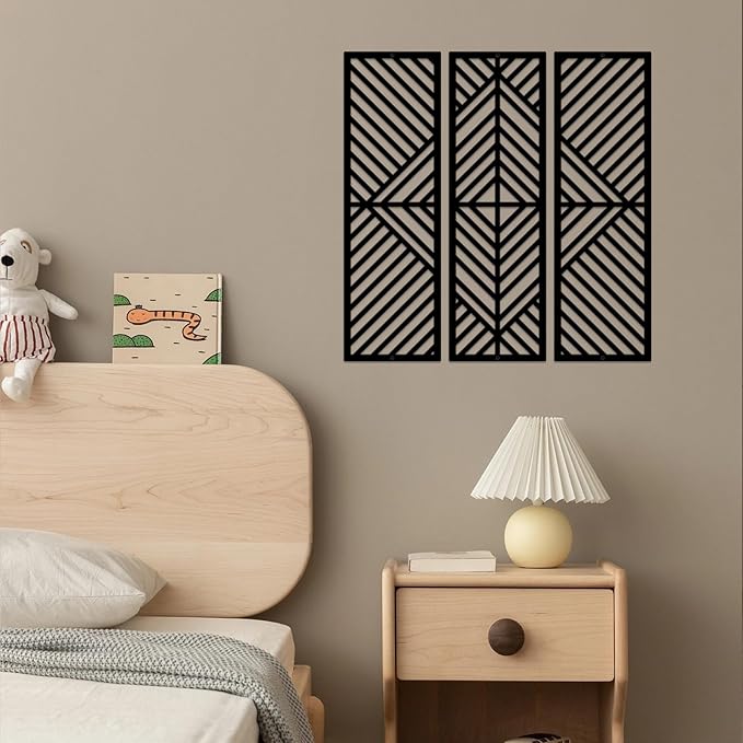 ESTART 3 Pcs Geometric Home Metal Wall Decor Vertical Abstract Minimalist Modern Black Wall Art Slatted Design Wall Hanging Sculpture for Living Room Bedroom Bathroom Office, 22 x 22 Inch
