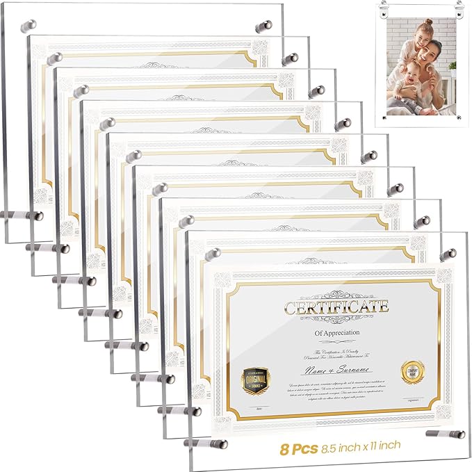Thyle 8 Pcs Acrylic Photo Frame 8.5 x 11'' Clear Floating Picture Frame Certificate Document Poster Award Diploma Display Tabletop or Hanging Wall Mount for Back to School Teacher Student Gift(Silver)