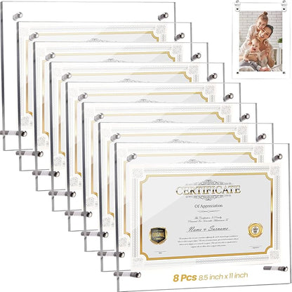 Thyle 8 Pcs Acrylic Photo Frame 8.5 x 11'' Clear Floating Picture Frame Certificate Document Poster Award Diploma Display Tabletop or Hanging Wall Mount for Back to School Teacher Student Gift(Silver)