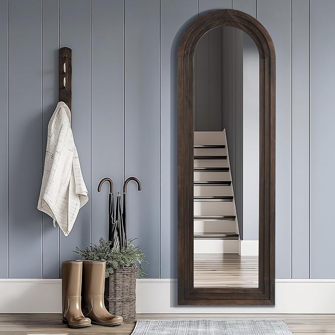 MELOMOIR Arched Full Length Mirror with Solid Wood Frame, 64"x21" Rustic Farmhouse Floor Mirror with Stand, Free Standing Leaning Hanging, for Bedroom Living Room Dressing Room Entryway, Brown