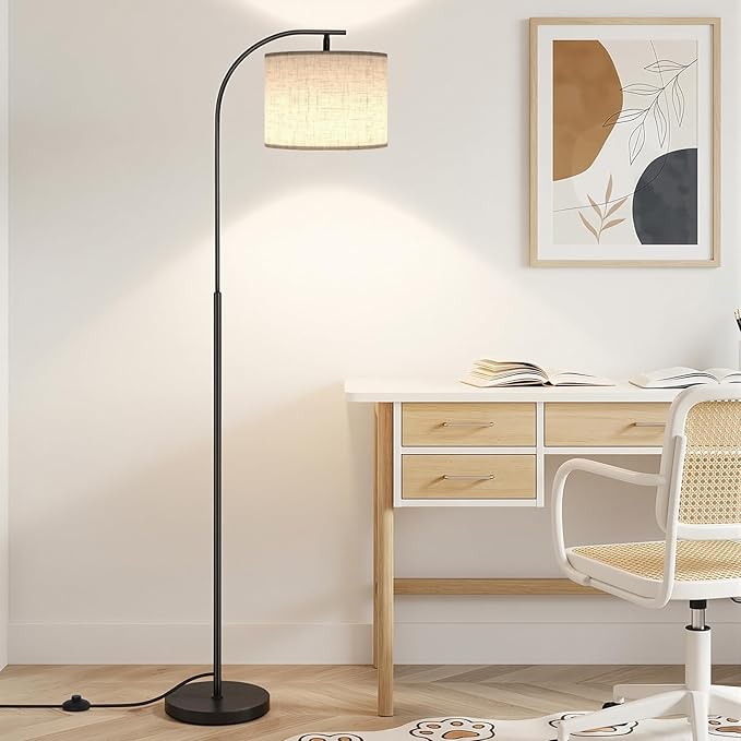 SIBRILLE Floor Lamp with Linen Shade, Arc Dimmable Tall Standing Lamp with Remote Control, Modern Floor Reading Light for Living Room Bedroom Office Corner, 9W LED Bulb Included