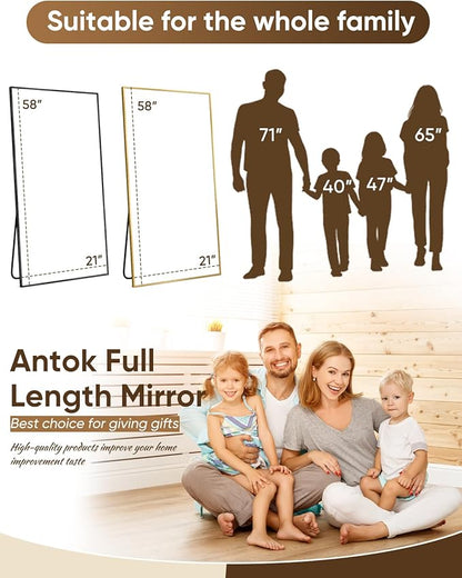 Antok Full Length Mirror, 58"x20" Floor Mirror, Floor Standing Freestanding Full Body Mirror with Stand for Bedroom, Hanging Mounted for Living Room Cloakroom, Black