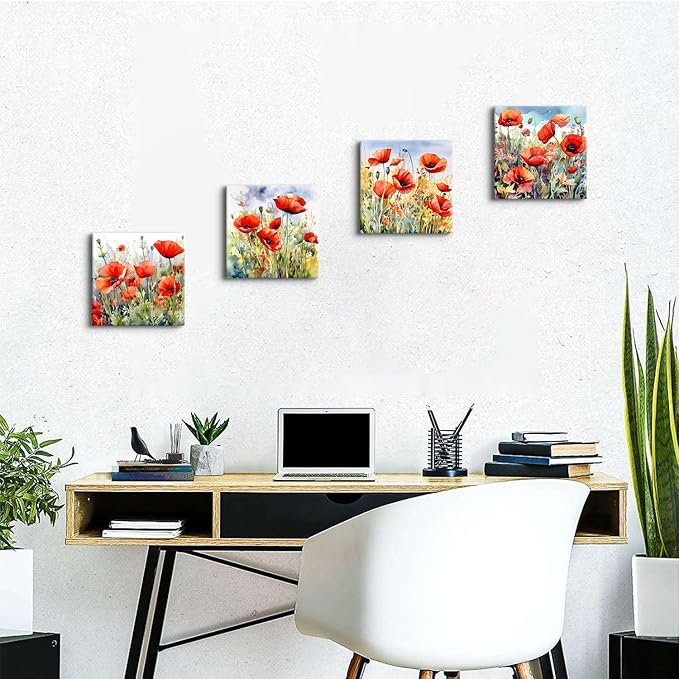Red Poppy Floral Canvas Wall Art Bedroom Wall Decor Abstract Watercolor Poppies Picture for Living Room Bathroom Nature Botanical Paintings Prints Poster Wildflower Artwork Home Decoration 12x12” 4Pcs