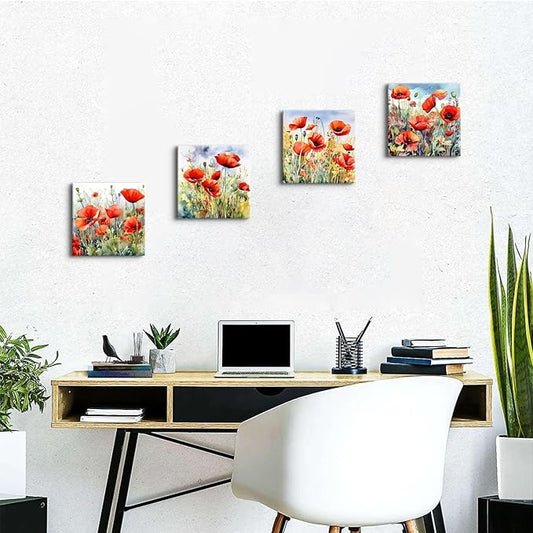 Red Poppy Floral Canvas Wall Art Bedroom Wall Decor Abstract Watercolor Poppies Picture for Living Room Bathroom Nature Botanical Paintings Prints Poster Wildflower Artwork Home Decoration 12x12” 4Pcs