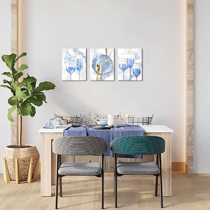 sechars 3 Pieces Set Kitchen Wall Decor Pink Wine Glass Wall Art Gold Utensils Canvas Prints Modern Dining Room Pictures (Blue)