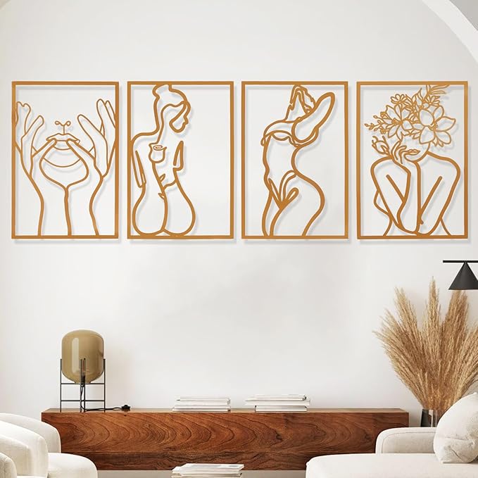 AMAATE Gold Metal Wall Art, 4 Pieces Minimalist Female Body Line Art Sculpture, Hollowed Out Abstract Woman Figure Metal Hanging Decor for Living Room Bedroom Bathroom 14.6" X 22.5" in