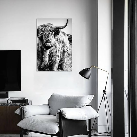 Highland Cow Wall Art Canvas Black and White Cow Picture Prints Framed Artwork for Bathroom Farmhouse Wall Decor (20x30inches)