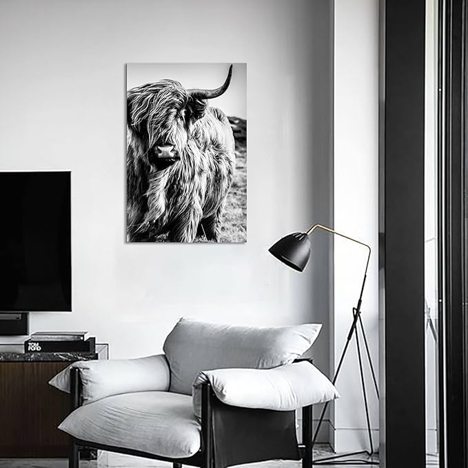 Highland Cow Wall Art Canvas Black and White Cow Picture Prints Framed Artwork for Bathroom Farmhouse Wall Decor (16x24inches)