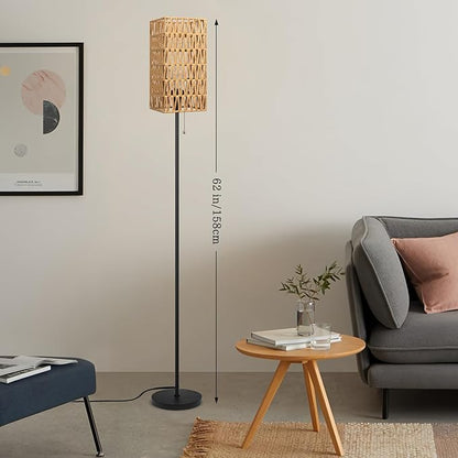 Ruiever Floor Lamp for Living Room,Farmhouse Floor lamp,Modern Standing lamp with Hand-Worked Rattan Shade (Square Shade-3 Color Blub)