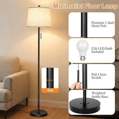 JUNNAI 【Upgraded】 Modern Black Floor Lamp 63in Standing Lamp for Living Room Bedroom Office 3 Way Brightness Dimmable Tall Pole Light with Beige Linen Shade Metal Shade 8W 3000K LED Bulb Included