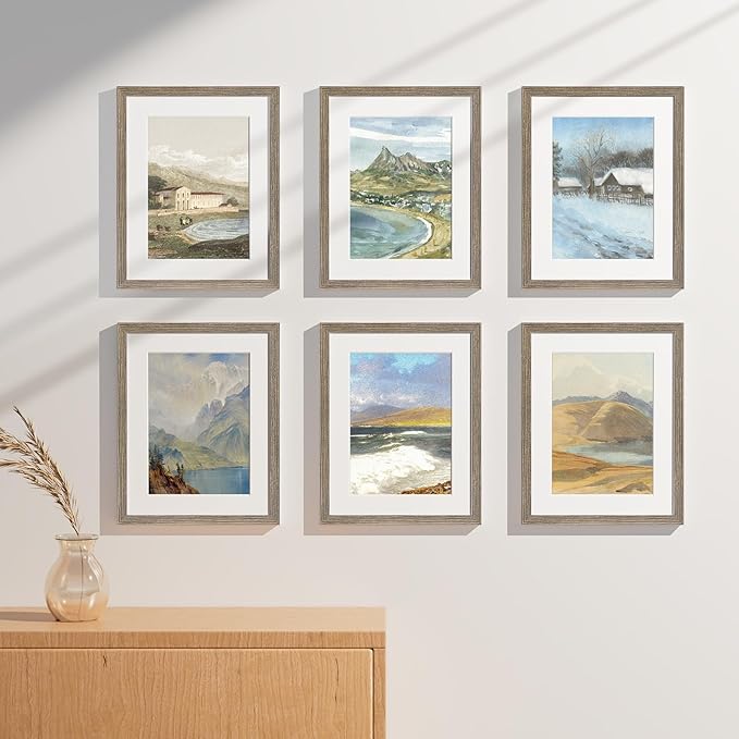 Vittanly 11x14 Picture Frames Set of 9, Display 8x10 Pictures with Mat or 11x14 without Mat, Photo Frames for Wall or Tabletop with Plexiglass, Engineered Wood, Grayish Brown