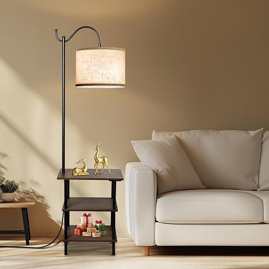 EOEYYOYB Floor Lamp with 3-Tier Shelves, End Table Lamp with USB Charging Port Power Outlet, Side Table Reading Light with 3 Color Temperature Led Bulb Included, Floor Lamps for Living Room, Walnut