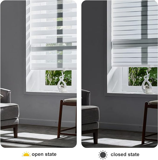 Persilux Cordless Zebra Blinds for Windows (55" W X 64" H, White) Free-Stop Windows Shades Dual Layer Light Control for Day and Night, Light Filtering Sheer Shades for Home, Easy to Install