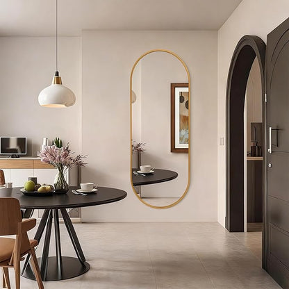 JJUUYOU Oval Full Length Bathroom Mirror Wall Mounted Mirror Gold Metal Mirrors 63"X32" Aluminum Alloy Framed Bedroom Mirrors for Living Room Entryway Dorm and Entryway