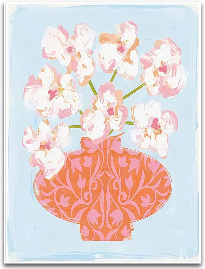 ZHBJSM Floral Vase Soft Tone Wall Art Boho Chic Watercolor Print Pink Orange Light Blue Flower Decor Bedroom Living Room Bathroom Stylish Home Accent 12x16 Inch Unframed