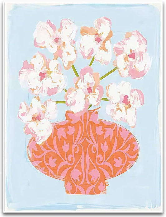ZHBJSM Floral Vase Soft Tone Wall Art Boho Chic Watercolor Print Pink Orange Light Blue Flower Decor Bedroom Living Room Bathroom Stylish Home Accent 12x16 Inch Unframed