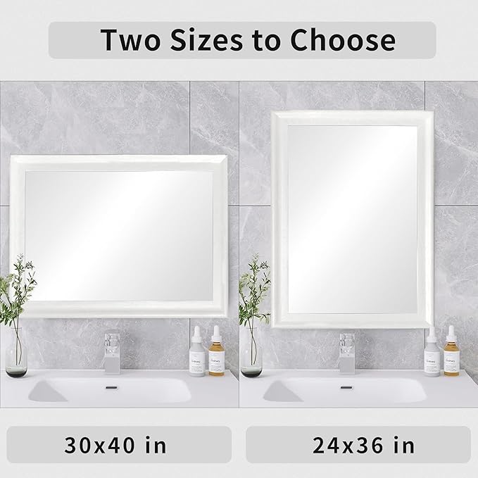 Rectangle Mirrors for Wall 30x40 Inch, White Wood Framed Bathroom Mirror with Tempered Glass for Bedroom Living Room Office or Hallway (White, 30x40 in)