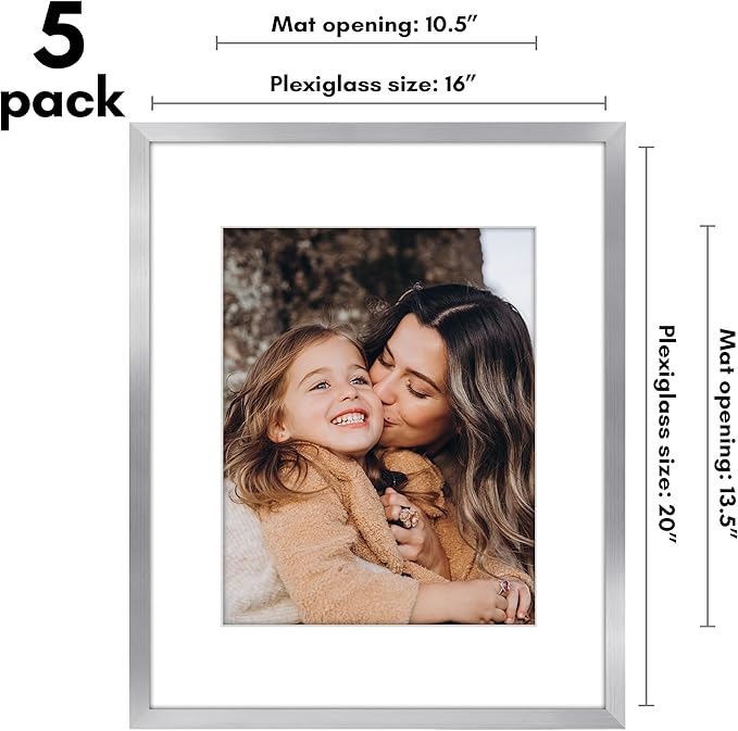 Americanflat 16x20 Picture Frame with Polished Plexiglass - Set of 5 - Use as 11x14 Frame with Mat or Display 16x20 Photo Without Mat - Galleria Collection - Picture Frames for Wall Display - Silver