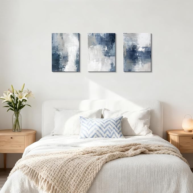 WENGTIAO 3 Pcs Navy Blue Abstract Canvas Wall Art Prints Modern Minimalist Blue Gray Artwork for Walls Framed White Neutral Poster Paintings Decor for Living Room Bedroom Bathroom Office 20x28x3Pcs