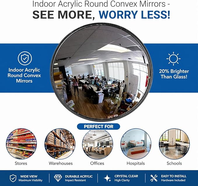 12” Acrylic Convex Mirror, Round Indoor Security Mirror for the Garage Blind Spot, Store Safety, Warehouse Side View, and More, Wall Mirror for Personal or Office Use - Vision Metalizers,Black