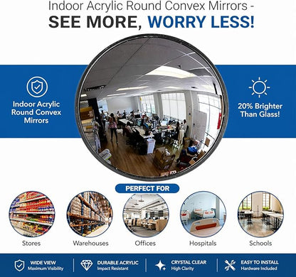 12” Acrylic Convex Mirror, Round Indoor Security Mirror for the Garage Blind Spot, Store Safety, Warehouse Side View, and More, Wall Mirror for Personal or Office Use - Vision Metalizers,Black