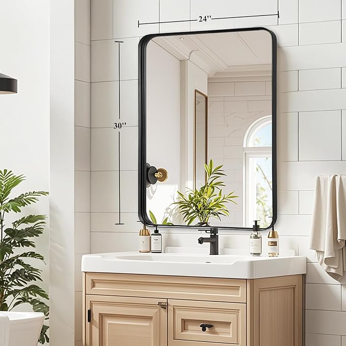 24x30 Inch Black Metal Framed Mirror - Black Bathroom Mirror for Over Sink, Matte Round Corner Rectangle Vanity Mirror for Restroom, Bedroom, Entryway, Hanging Vertically or Horizontally