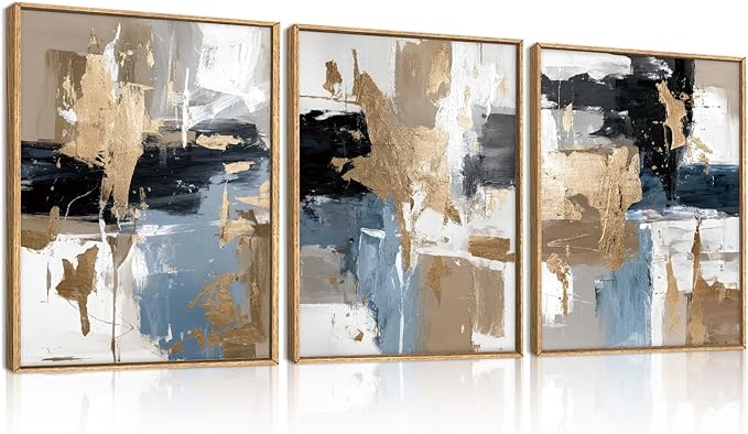KAIRNE Blue and Gold Abstract Framed Canvas Wall Art Set,Minimalist Brush Strokes Wall Decor,Modern Textured Art Prints,Neutral Brown Black Artwork for Living Room,Bedroom,Farmhouse,Office-12 x16 x3