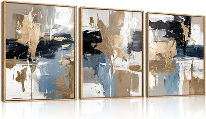 KAIRNE Blue and Gold Abstract Framed Canvas Wall Art Set,Minimalist Brush Strokes Wall Decor,Modern Textured Art Prints,Neutral Brown Black Artwork for Living Room,Bedroom,Farmhouse,Office-12 x16 x3