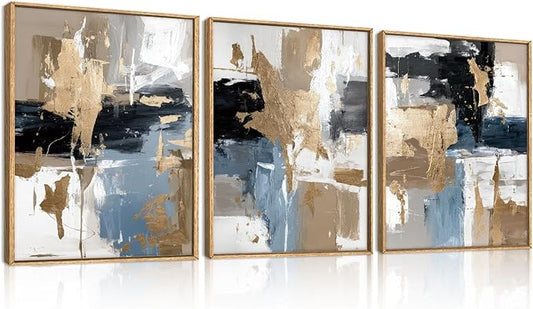 KAIRNE Blue and Gold Abstract Framed Canvas Wall Art Set,Minimalist Brush Strokes Wall Decor,Modern Textured Art Prints,Neutral Brown Black Artwork for Living Room,Bedroom,Farmhouse,Office-12 x16 x3