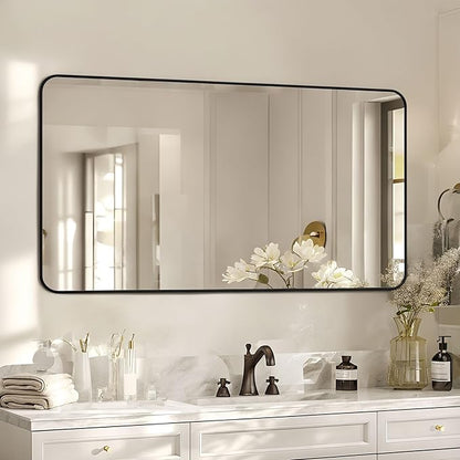Antok 55x30 Black Metal Framed Bathroom Mirror,Wall Mirror with Round Corners, Vanity Mirror for Over Sink, Anti-Rust Tempered Glass, Horizontal/Vertical Hanging for Bathroom, Living Room, Entryway