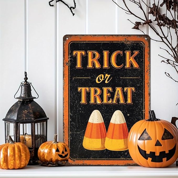 Trick or Treat Halloween Metal Tin Sign Vintage Rustic Wall Decor for Home Kitchen Entryway Farmhouse Decorative Signs Poster 8x12 Inch