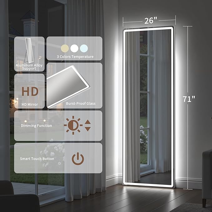 71" x 26" Arched Full Length Mirror with LED Lights, Floor Mirror with Stand, Wall Mirror Full Length, Body Floor Mirror, Wall Mounted Mirror for Bedroom, Dimmable, Tempered Glass
