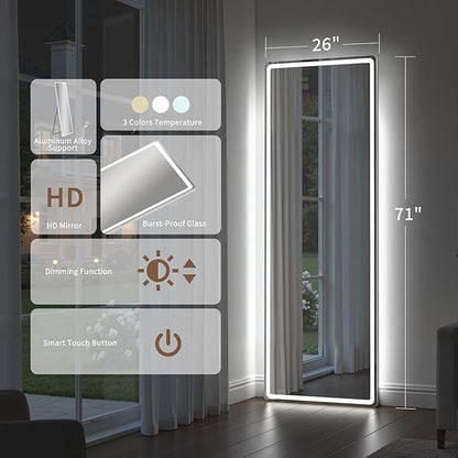 71" x 26" Arched Full Length Mirror with LED Lights, Floor Mirror with Stand, Wall Mirror Full Length, Body Floor Mirror, Wall Mounted Mirror for Bedroom, Dimmable, Tempered Glass