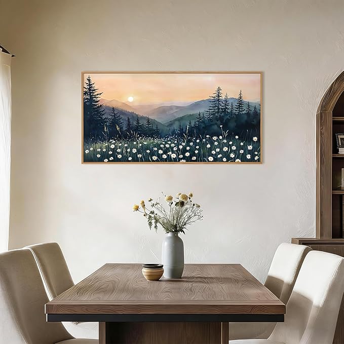 KAIRNE Mountain Floral Landscape Framed Canvas Wall Art Set,Watercolor Forest Wall Decor,Misty Pine Tree Art Prints,Nature Sunset Scenery Artwork for Living Room,Bedroom,Farmhouse,Office-40 x20 x1